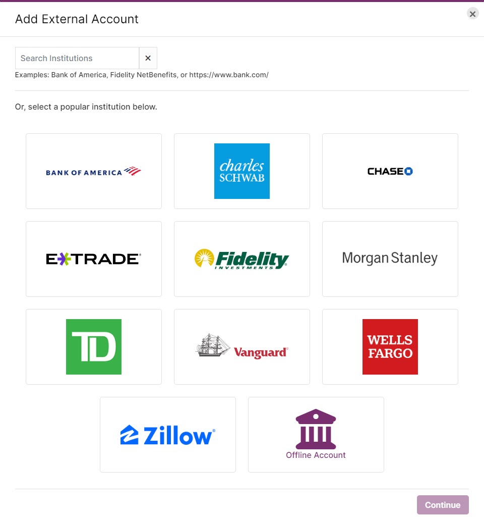 Image of the PortfolioAnalyst non-IBKR add external account panel. 